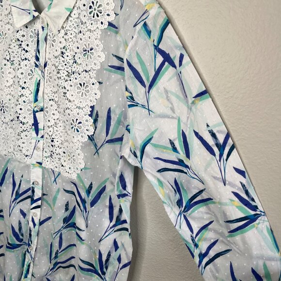 Isaac Mizrahi IMNYC Womens White Blue Floral Embroidered Sheer Button-Up Blouse - Picture 5 of 10